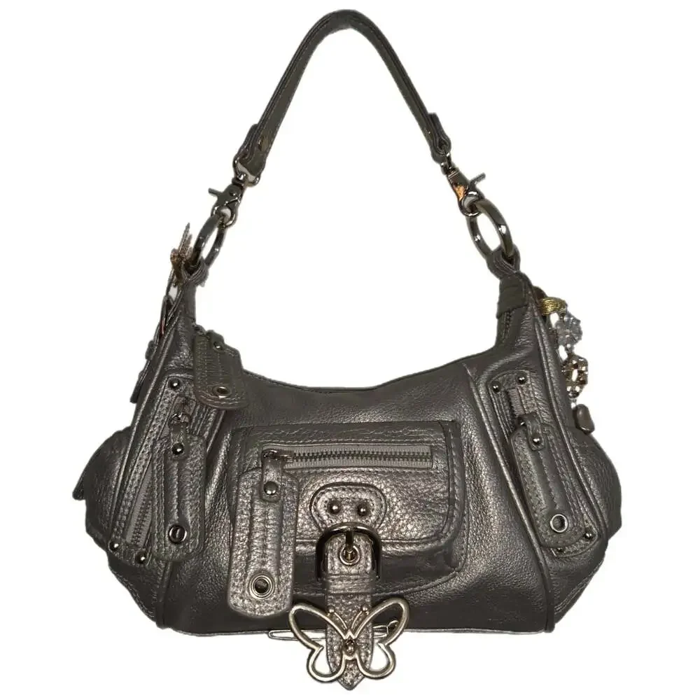 Junior Drake Metallic Leather Y2K Hobo Shoulder Bag with Hair Clips n Bag Charms